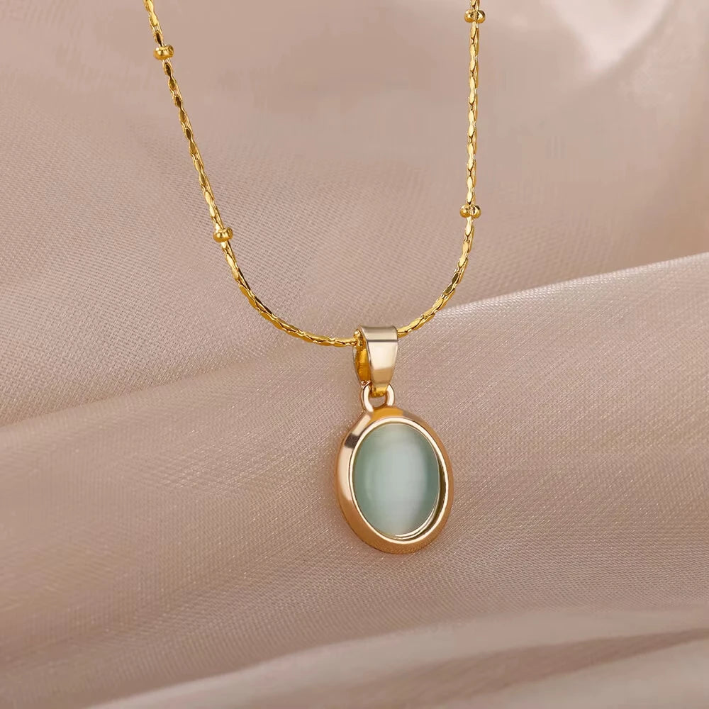 Trendy Oval Colorful Stone Necklace For Women Stainless Steel Gold Color Green Opal Stone Pendant Necklace Aesthetic Jewelry Gif