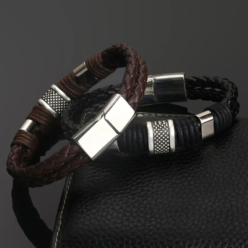 Vintage Genuine Leather Bracelet for Men Handmade Woven Bracelet Magnetic Clasp Wrap Bracelet Homme Hand Jewelry Accessories New