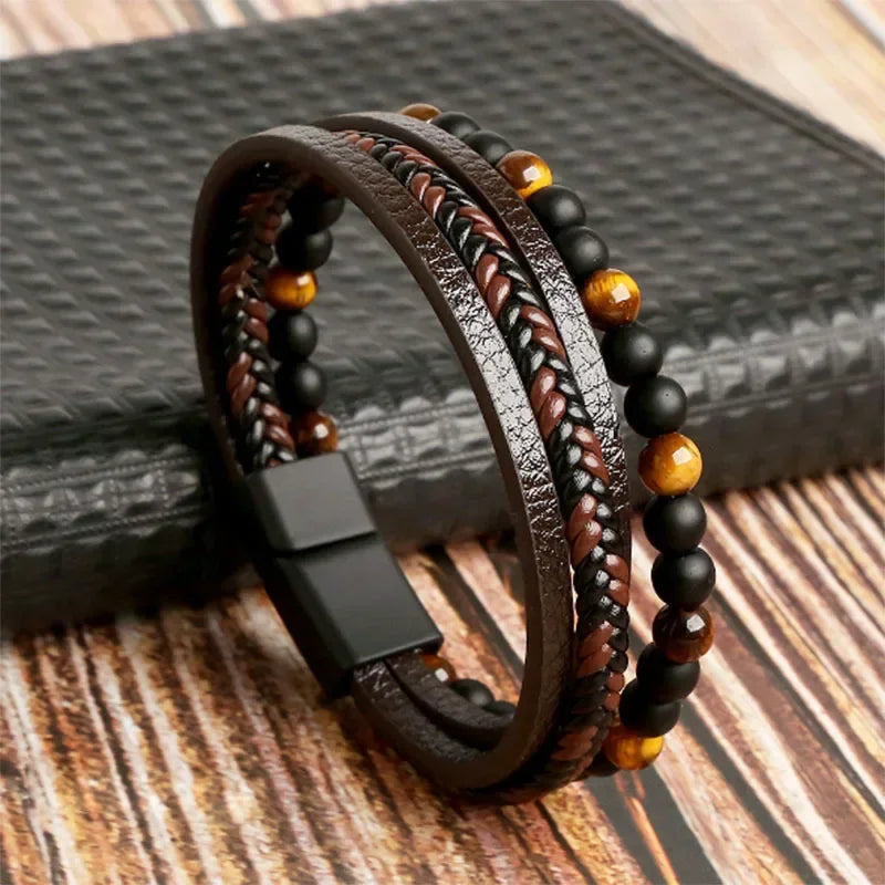 Men Leather Bracelet Браслет Classic Fashion Tiger Eye Beaded Multi Layer Leather Bracelet for Men Jewelry Gift Pulseras