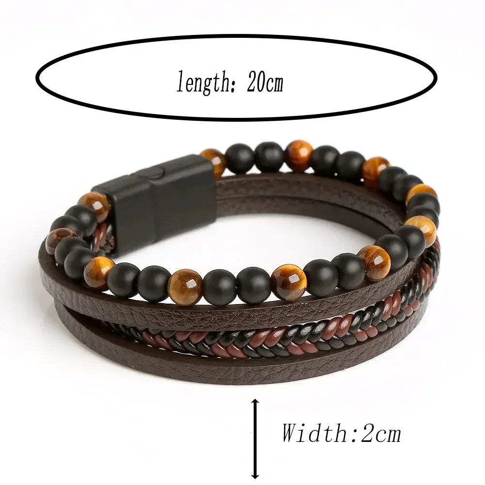 Men Leather Bracelet Браслет Classic Fashion Tiger Eye Beaded Multi Layer Leather Bracelet for Men Jewelry Gift Pulseras